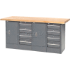Global Industrial Workbench w/ Maple Square Edge Top, 8 Drawers & 2 Cabinets, 72"Wx30"D, Gray