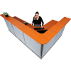 Interion® L-ShapedElectric Reception Station, 116"W x 80"D x 46"H, Cherry Counter, Blue Panel