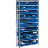 Global Industrial Steel Open Shelving - 14 Blue Plastic Stacking Bins 8 Shelves - 36 x12 x 73