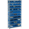 Global Industrial™ Steel Open Shelving - 21 Blue Plastic Stacking Bins 8 Shelves - 36 x18 x 73