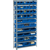 Global Industrial Steel Open Shelving - 21 Blue Plastic Stacking Bins 8 Shelves - 36 x18 x 73