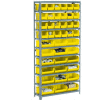 Global Industrial Steel Open Shelving - 21 Yellow Plastic Stacking Bins 8 Shelves 36 x 18 x 73