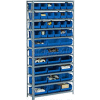 Global Industrial Steel Open Shelving - 15 Blue Plastic Stacking Bins 8 Shelves - 36 x18 x 73
