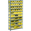 Global Industrial Steel Open Shelving - 15 Yellow Plastic Stacking Bins 8 Shelves 36 x 18 x 73