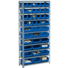 Global Industrial Steel Open Shelving with 28 Blue Plastic Stacking Bins 10 Shelves - 36x18x73