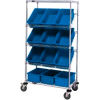 Global Industrial&#153; Easy Access Slant Shelf Chrome Wire Cart 12 3-1/2&quot;H Grid Bins Blue 36x18x63