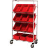 Global Industrial&#153; Easy Access Slant Shelf Chrome Wire Cart 12 6&quot;H Grid Containers Red 36x18x63