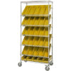 Global Industrial Easy Access Slant Shelf Chrome Wire Cart, 30 4 Shelf Bins Yellow, 36"Lx18x74