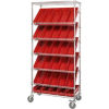 Global Industrial&#153; Easy Access Slant Shelf Chrome Wire Cart, 30 4&quot;H Shelf Bins Red, 36Lx18Wx74H