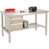Global Industrial 72x30 Production Workbench, Stainless Steel Square Edge, Drawers & Shelf Tan