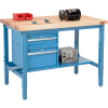 Global Industrial 96 x 36 Production Workbench - Maple Square Edge - Drawers & Shelf - Blue
