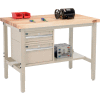 Global Industrial 48"W x 30"D Production Workbench - Maple Square Edge - Drawers & Shelf - Tan
