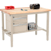 Global Industrial 48"W x 30"D Production Workbench - Maple Safety Edge - Drawers & Shelf - Tan