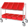 Global Industrial Easy Access Slant Shelf Chrome Wire Cart, 8 Red Grid Containers, 48Lx18Wx48H