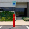 52"H FlexBollard with 8"H Sign Post - Natural Ground Installation - Red Cover/Yellow Tapes