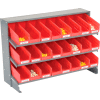 Global Industrial™ 3 Shelf Bench Pick Rack - 24 Red Plastic Shelf Bins 4 Inch Wide 33x12x21