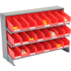 Global Industrial 3 Shelf Bench Pick Rack - 24 Red Plastic Shelf Bins 4 Inch Wide 33x12x21