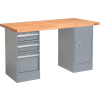 Global Industrial 72 x 30 Pedestal Workbench - 3 Drawers & Cabinet, Maple Square Edge - Gray