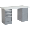 Global Industrial 96 x 30 Pedestal Workbench - 3 Drawers & Cabinet, Laminate Square Edge Gray