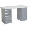96" W x 30" D Pedestal Workbench W/ 3 Drawers & Cabinet, Plastic Laminate Square Edge  - Gray