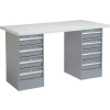 96" W x 30" D Pedestal Workbench W/ 8 Drawers, Plastic Laminate Square Edge - Gray