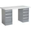 72" W x 30" D Pedestal Workbench W/ 7 Drawers, Plastic Laminate Safety Edge - Gray