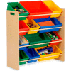 Kids Storage Organizer With 12 Assorted Bins, Natural, 33-1/4"W x 12-1/2"D x 36"H