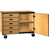 Mobile Wood Cabinet, Five Drawers, 1 Shelf, Solid Doors, 48 x 22-1/4 x 36,Maple/Black