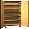 Mobile Wood General Storage Cabinet, w/Locks, Solid Door, 48"W x 22-1/4"D x 72"H, Natural Oak/Brown
