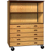 Mobile Wood Combo Cabinet, 5 Drawers, 1 Shelf, Open Front, 48 x 22-1/4 x 66, Natural Oak/Brown