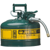 Justrite® Type II AccuFlow™ Steel Safety Can, 2.5 Gal., 5/8" Metal Hose, Green, 7225420