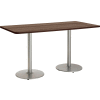 KFI 72"W x 36"H Counter Height Pedestal Table - Studio Teak Top - Brown Edge - Round Silver Base