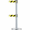 Tensabarrier Crowd Control, Queue Dual Stanchion, Satin Chrome W/ 7.5' Black/Yellow Retractable Belt