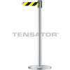 Tensabarrier Crowd Control, Queue Stanchion Post, Satin Chrome W/ 7.5' Black/Yellow Retractable Belt