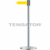 Tensabarrier Safety Crowd Control, Queue Stanchion Post, Satin Chrome W/ 7.5' Yllw Retractable Belt