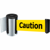 Tensabarrier Crowd Control, Retractable Wall Mount Barrier, Satin Chrome W/ 13' Yllw "Caution" Belt