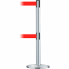 Tensabarrier Crowd Control, Queue Dual Stanchion Post, Satin Chrome W/ 7.5' Red Retractable Belt