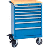 Lista® 7 Drawer 24"W Shallow Depth Mobile Cabinet w/Butcher Block Top-Bright Blue, Master Keyed