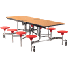 NPS® 8' Mobile Cafeteria Table with Stools - MDF - Oak Top/Red Stools/Chrome Frame