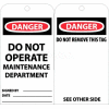 NMC RPT2 Tags, Danger Do Not Operate Maintenance Dept, 6" X 3", White/Red/Black, 25/Pk