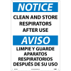 Bilingual Plastic Sign - Notice Clean And Store Respirators After Use