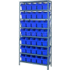 Quantum 1275-SB802 Steel Shelving with 35 8"H Plastic Shelf Bins Blue, 36x12x75-SB8 Shelves