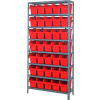 Quantum 1875-SB804 Steel Shelving with 35 8"H Plastic Shelf Bins Red, 36x18x75-SB8 Shelves