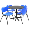 Regency Table and Chair Set - 36" Round - Mocha Walnut Table / Blue Plastic Chairs