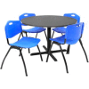Regency Table and Chair Set - 42" Round - Mocha Walnut Table / Blue Plastic Chairs