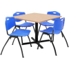 Regency Table and Chair Set - 36" Square - Beige Table / Blue Plastic Chairs