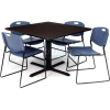 Regency Table and Chair Set - 36" Square - Mocha Walnut Table / Blue Wide Plastic Chairs