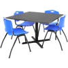 Regency Table and Chair Set - 42" Square - Mocha Walnut Table / Blue Plastic Chairs