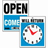 U.S. Stamp & Sign Sign, 9382, "Will Return" W/Clock Face, "Open Come In", 7-1/2" X 9"