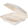 Hinged Lid Compostable Sugarcane Fiber Containers 9" x 9" x 3" White 3 Compartments - 200 Pack